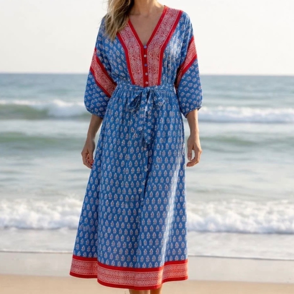 J. Crew Mercantile Blue Red Floral Boho Midi Dress Women Medium V-Neck Belted